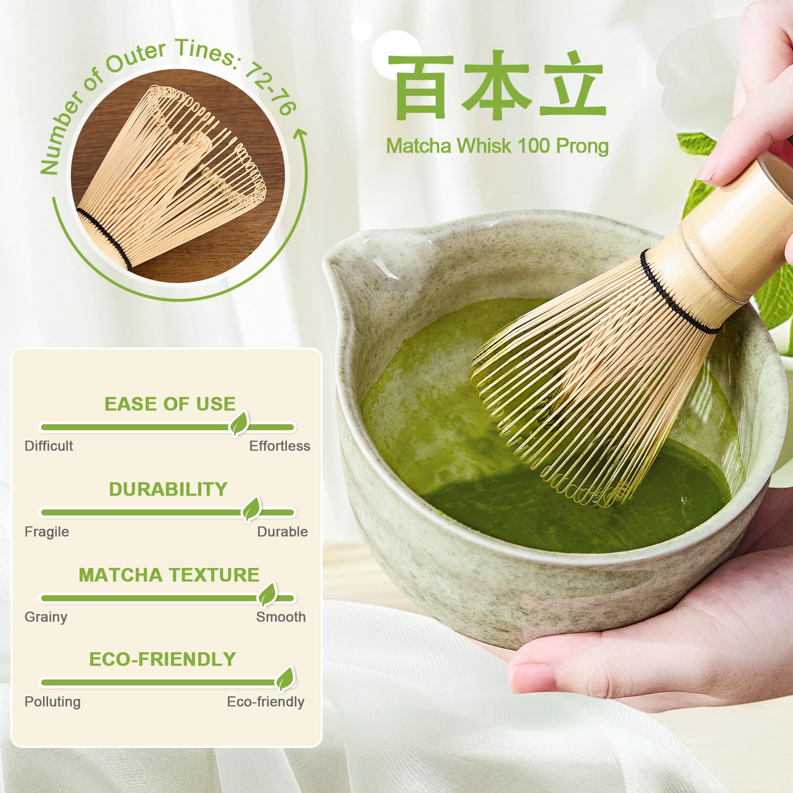 Nigwet chasen de bambú para batir matcha de forma suave.