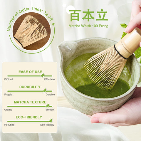 Nigwet chasen de bambú para batir matcha de forma suave.