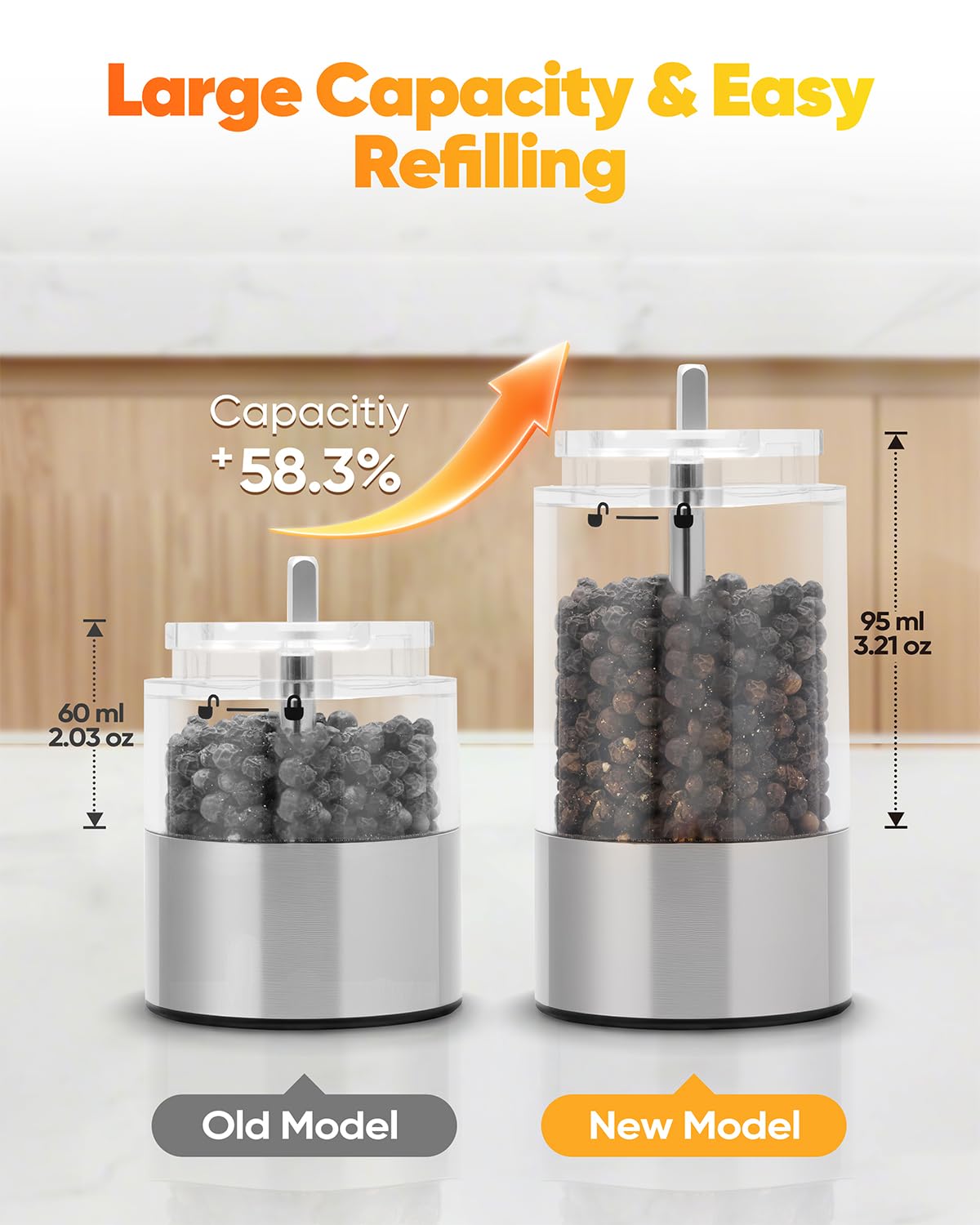 Capacidad de 95 ml por molinillo para menos recargas