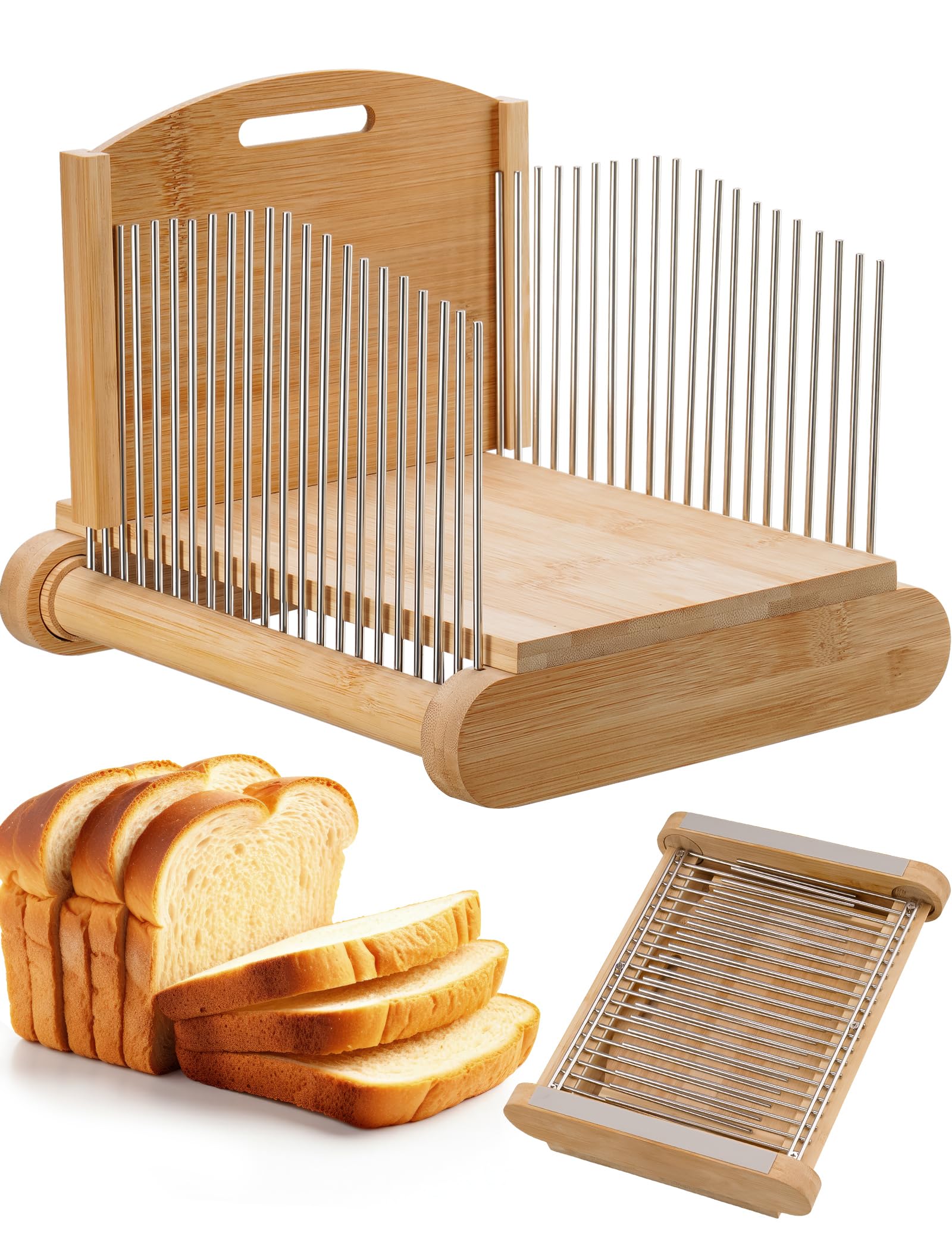 NiHome Cortador de pan de bambú con guías de acero inoxidable para cortes seguros.
