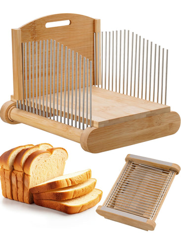 NiHome Cortador de pan de bambú con guías de acero inoxidable para cortes seguros.