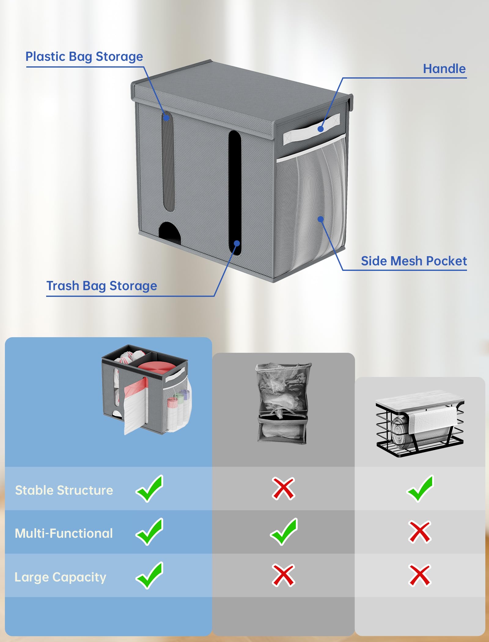 NiHome organizador-bolsas-de-compra facilita acceso rápido a bolsas y mantiene la encimera ordenada.