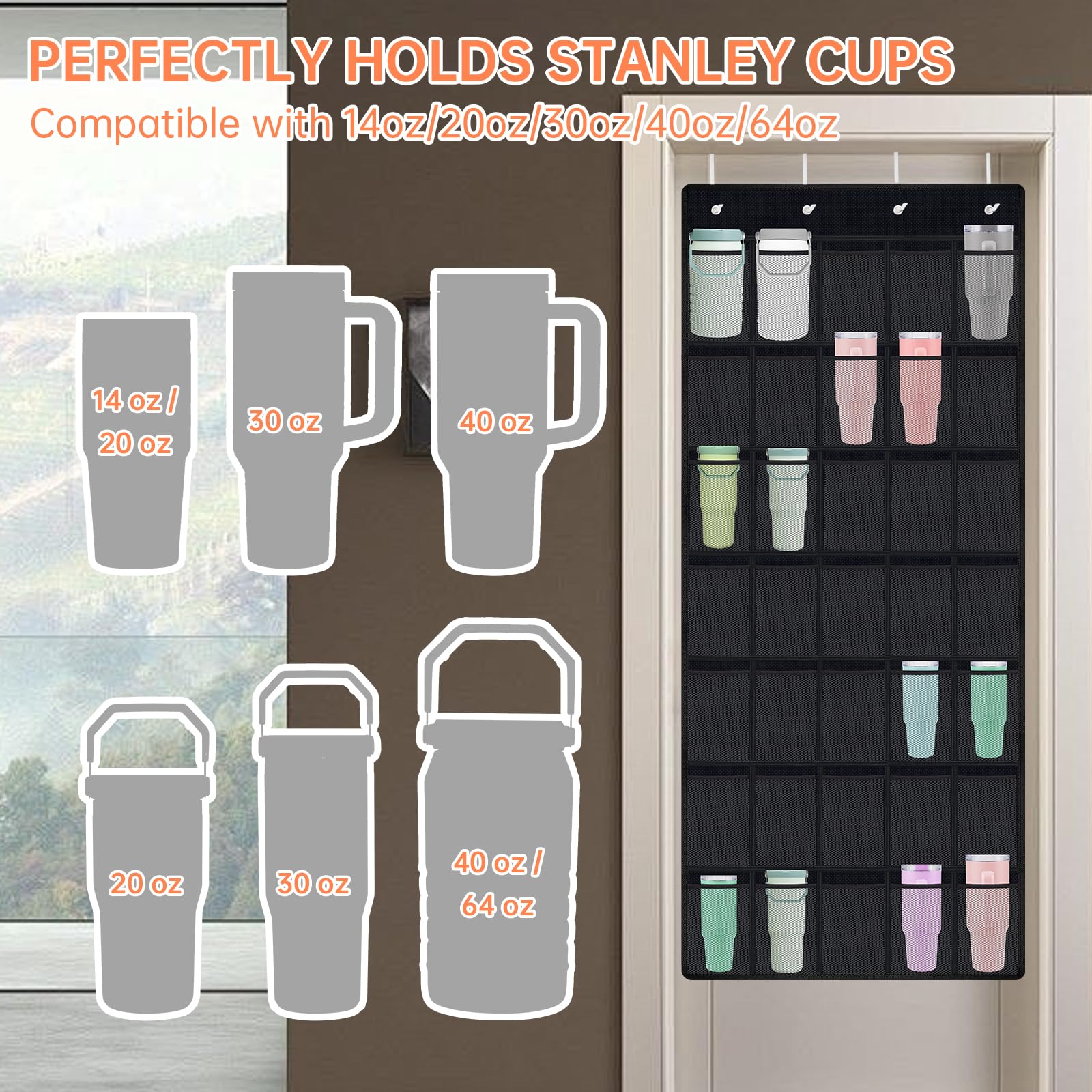 NiHome bolsillos de malla elástica sujetan tazas Stanley de tamaños variados.