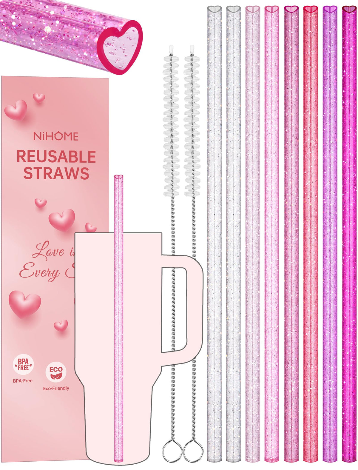 NiHome pajillas corazon brillantes para Stanley 30oz, ideal para bebidas elegantes