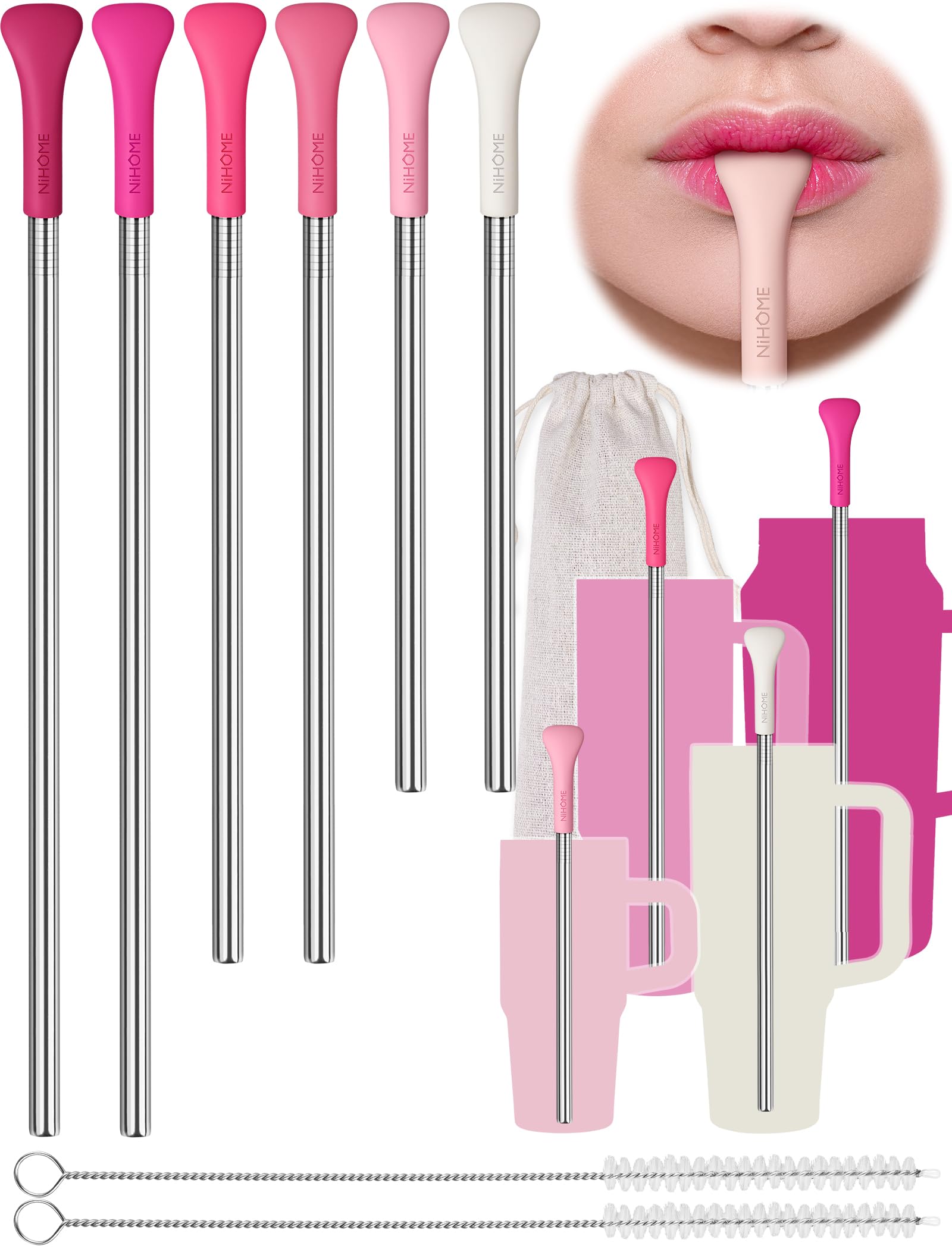 Pajita NiHome rosa de acero inoxidable con extremo plano para labios cómodos.