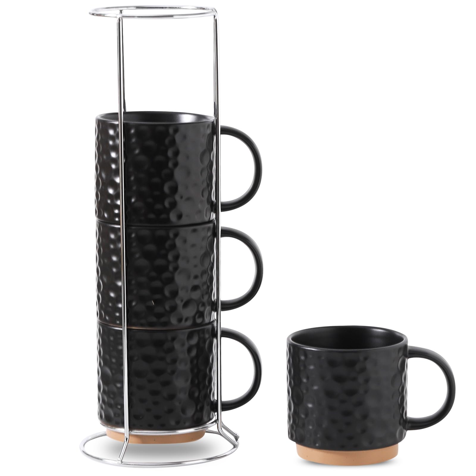 Taza Nihow de cerámica de 16 onzas, conjunto de 4, apilables con soporte de acero inoxidable.