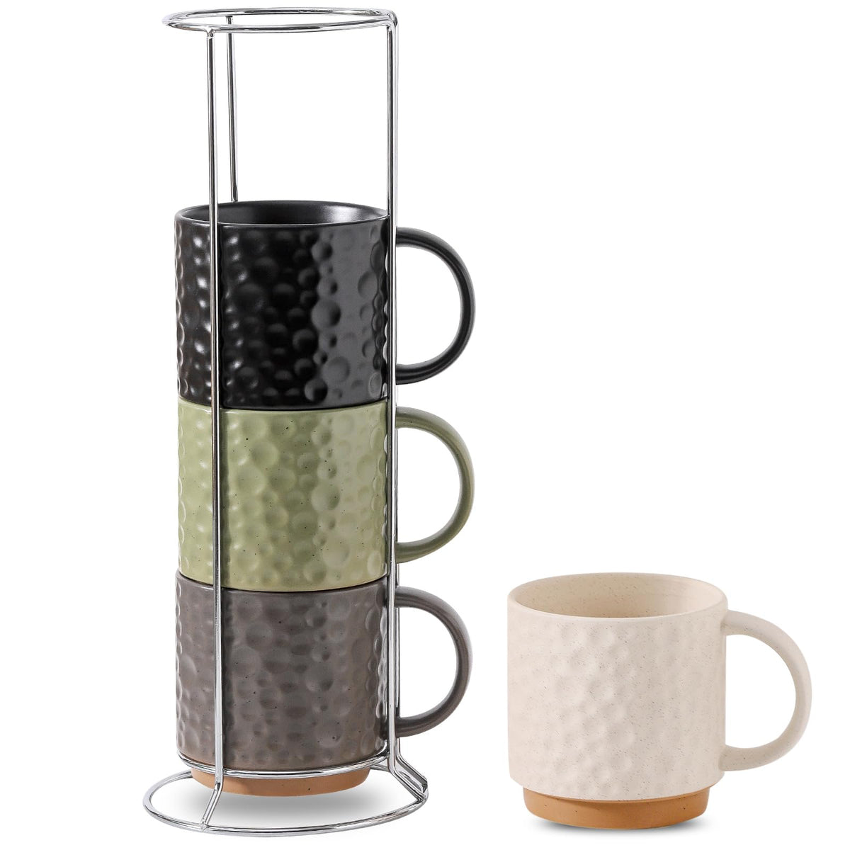 Nihow: juego de tazas cerámica 16 onzas apilables con soporte inoxidable para cocina ordenada