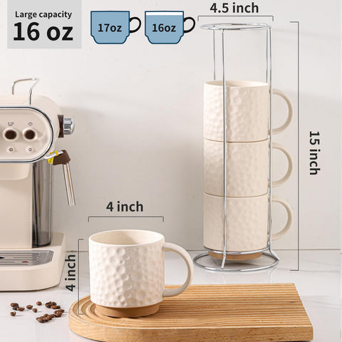 Nihow tazas cerámicas apilables con soporte de acero inoxidable para organización.