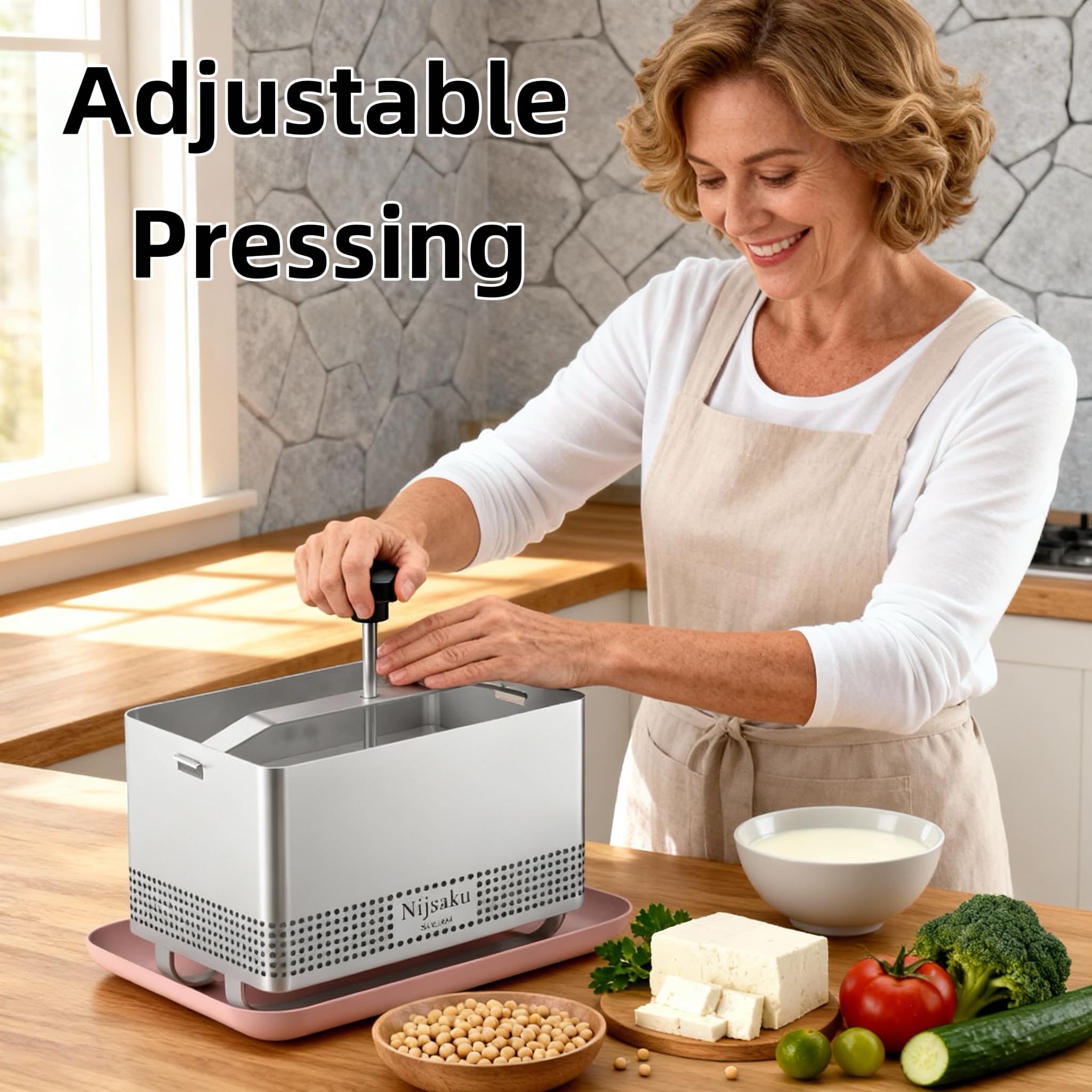 Prensa de tofu Nijsaku con ajuste de presión para consistencia deseada.