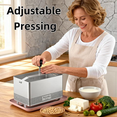 Prensa de tofu Nijsaku con ajuste de presión para consistencia deseada.