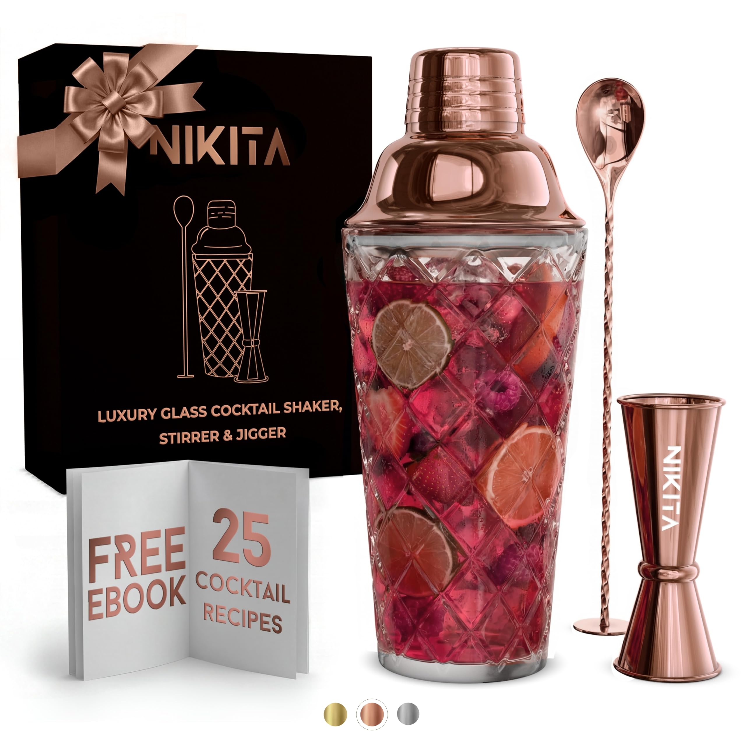 Nikita By Niki, conjunto de cóctel dorado rosa, 16 onzas, ideal para impresionar en casa.