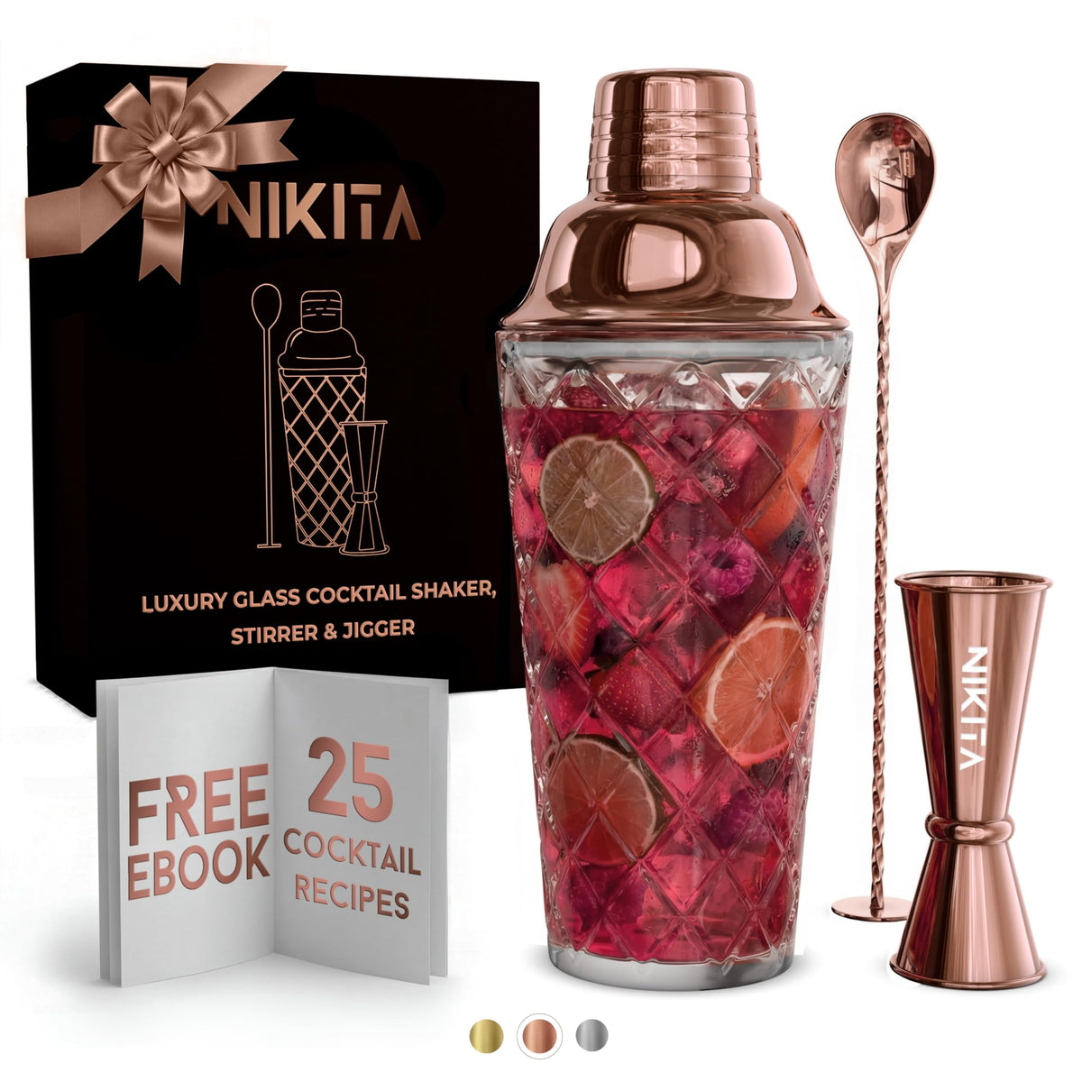 Nikita By Niki, conjunto de cóctel dorado rosa, 16 onzas, ideal para impresionar en casa.
