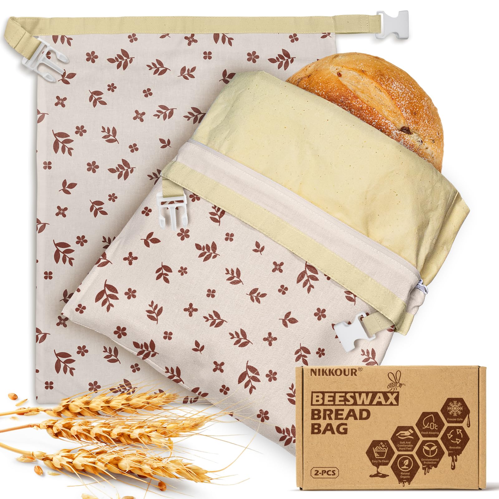 NIKKOUR bolsa de pan de lino con cera de abejas y cierre doble para frescura
