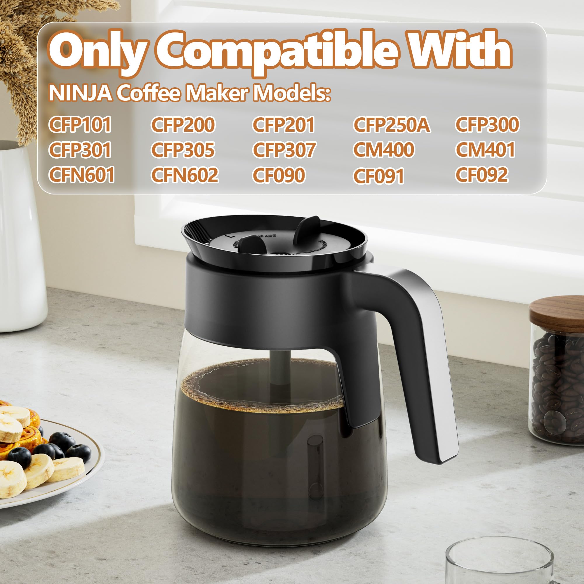 Ninja jarra de vidrio para 12 tazas con mango ergonómico y vertido suave.