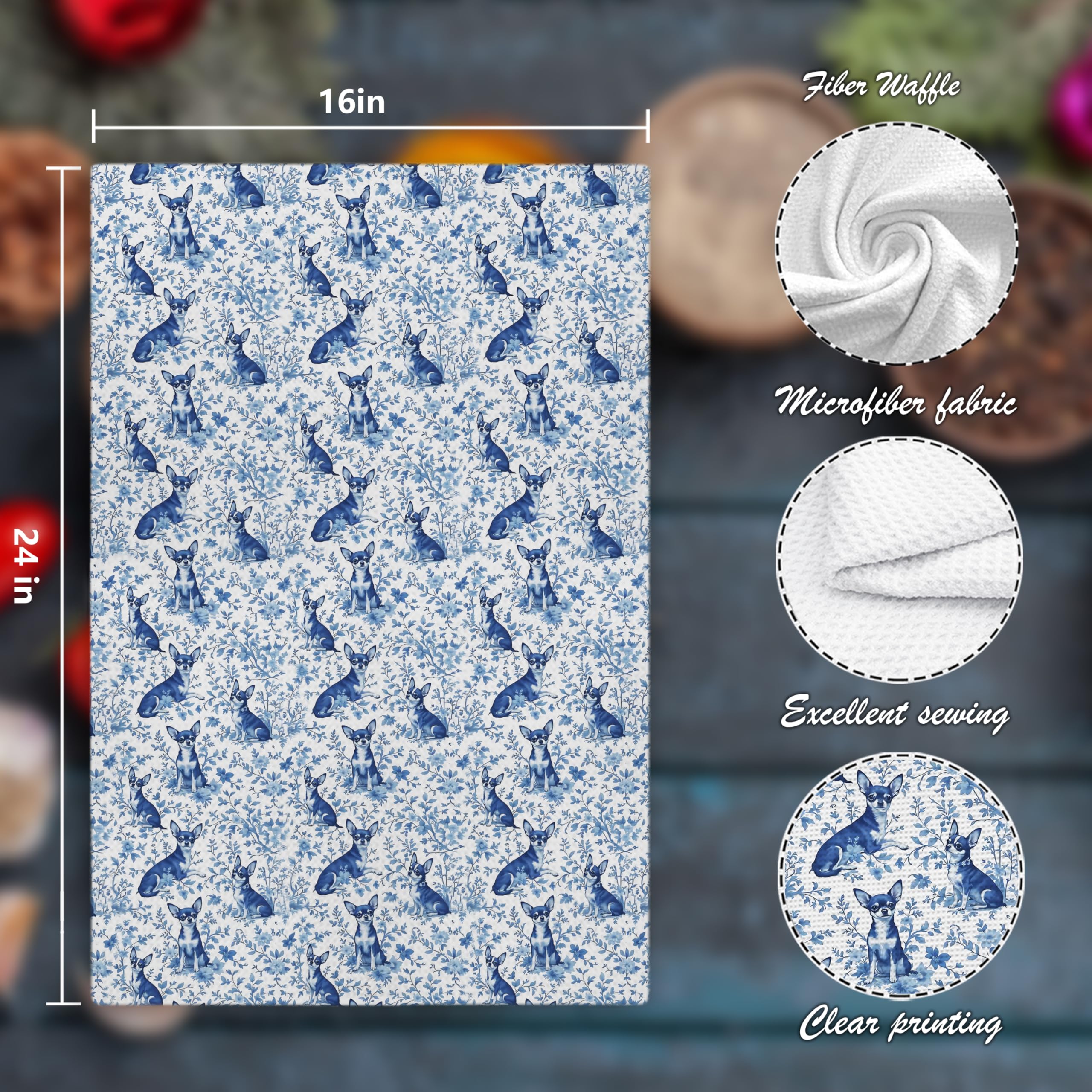Toallas Nipil para baño con Chihuahua azul y blanco, decoración elegante y uso diario.