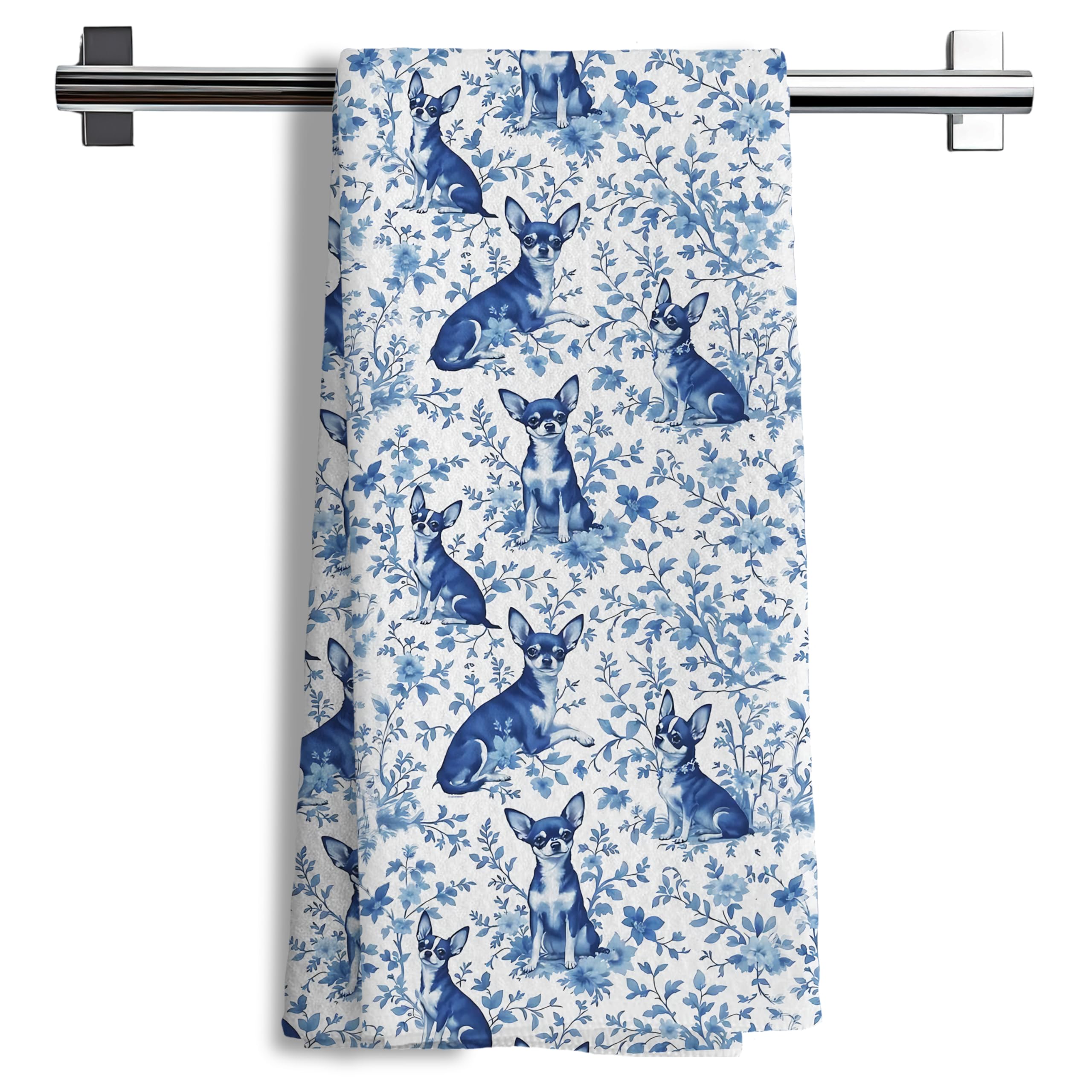 Toallas Nipil para cocina con Chihuahua floral chinoiserie en azul y blanco, ideal para secar platos.