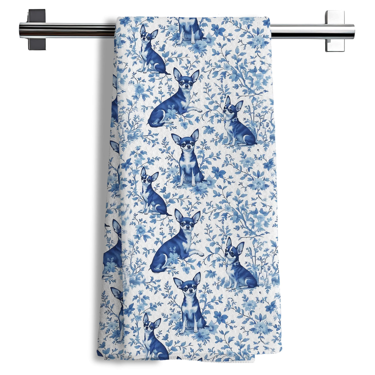 Toallas Nipil para cocina con Chihuahua floral chinoiserie en azul y blanco, ideal para secar platos.