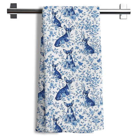 Toallas Nipil para cocina con Chihuahua floral chinoiserie en azul y blanco, ideal para secar platos.