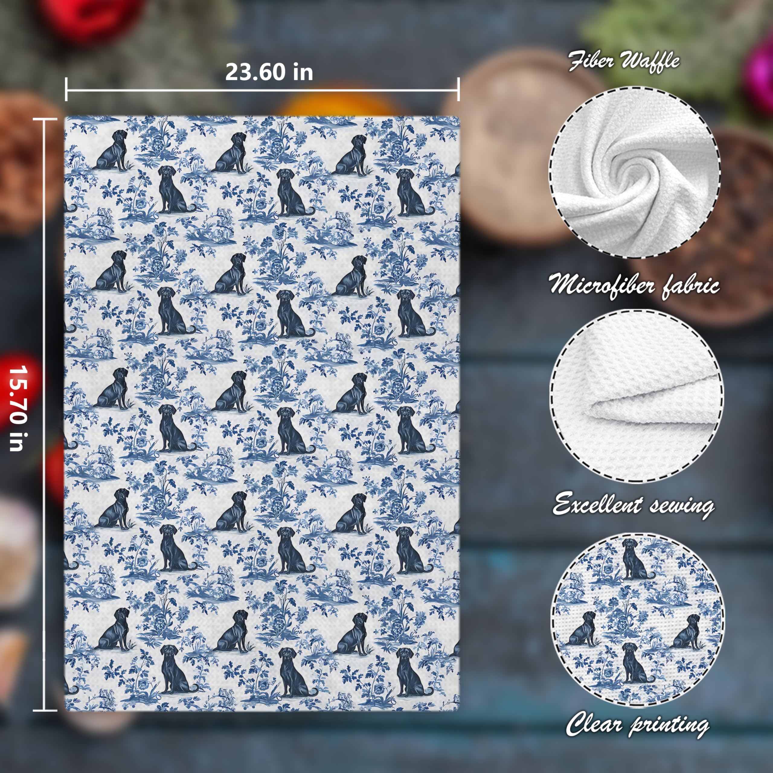 Toalla Nipil para cocina, diseño Labrador chinoiserie azul, ideal para limpiar superficies con estilo.