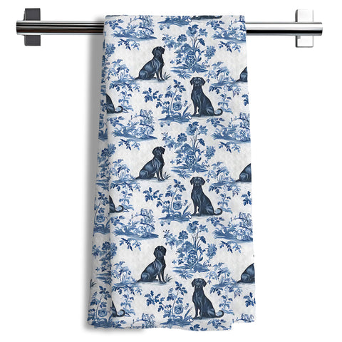 Toalla Nipil con Labrador chinoiserie azul y blanco, perfecta para secar platos y decorar la cocina.