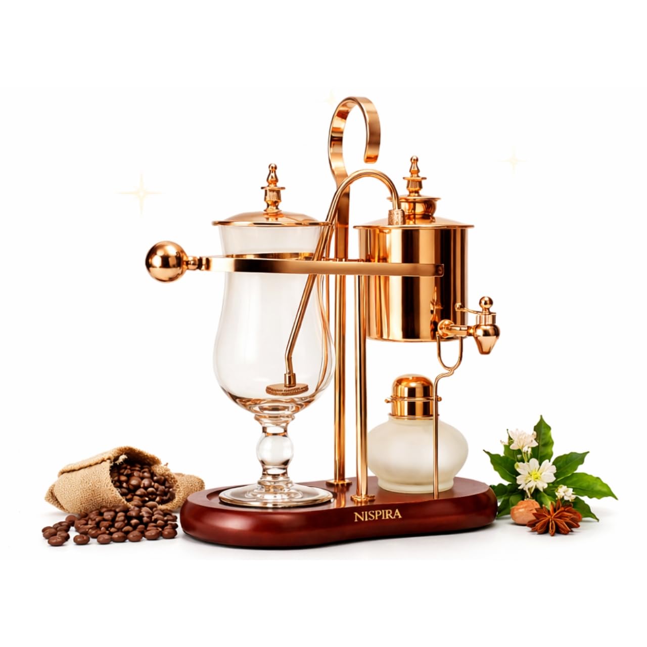 Nispira Belgium Real Familia Balance Sifón: cafetera de vidrio y cobre para una experiencia exclusiva