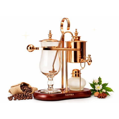 Nispira Belgium Real Familia Balance Sifón: cafetera de vidrio y cobre para una experiencia exclusiva