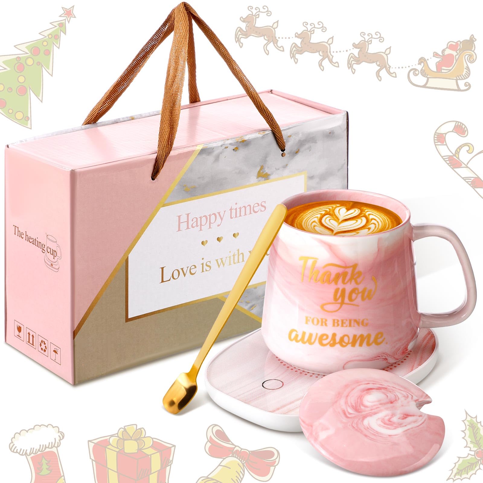 Nitial: conjunto taza y calentador en rosa mármol, ideal para agradecer con estilo.
