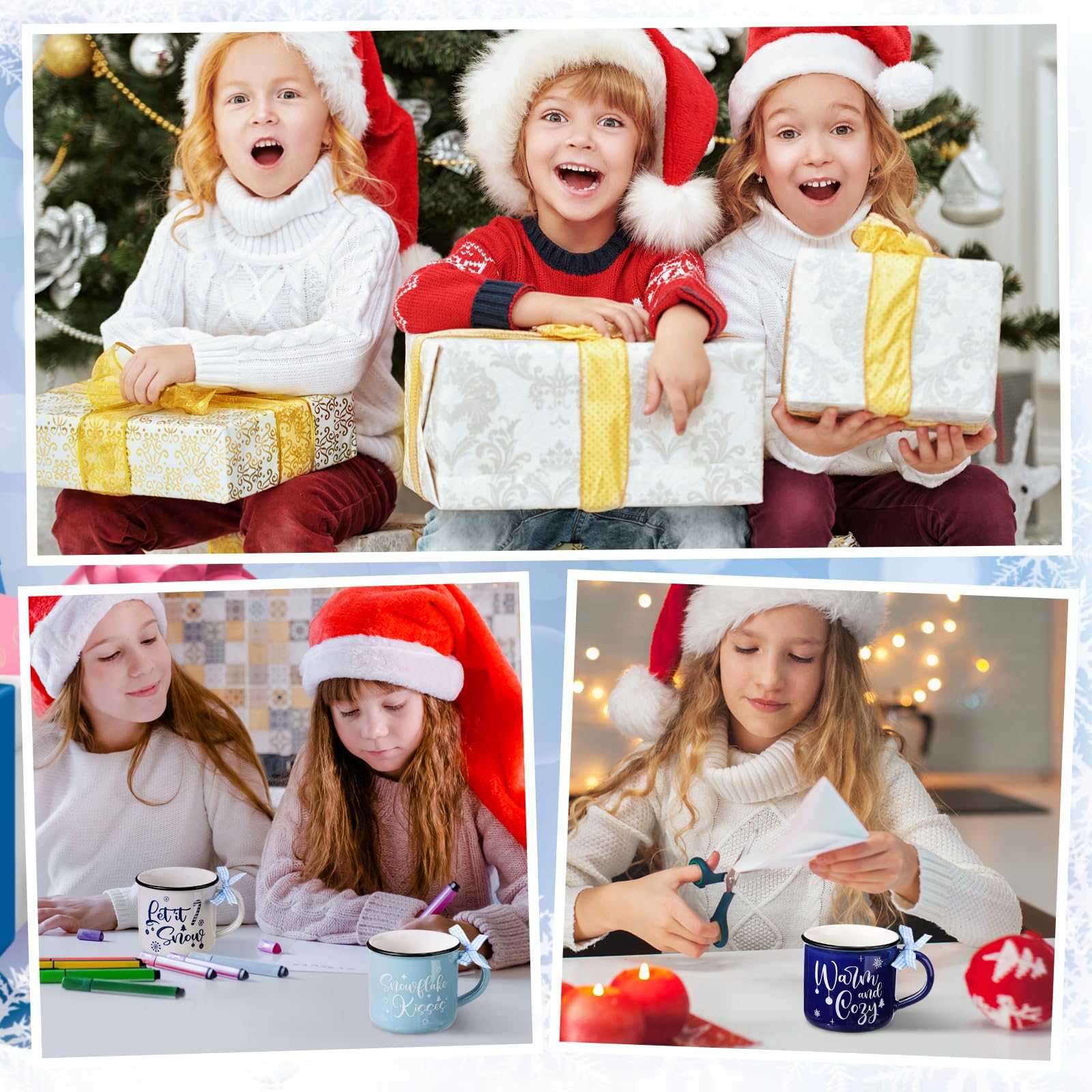Tazas navideñas Nitial blancas y azules para mesa festiva.