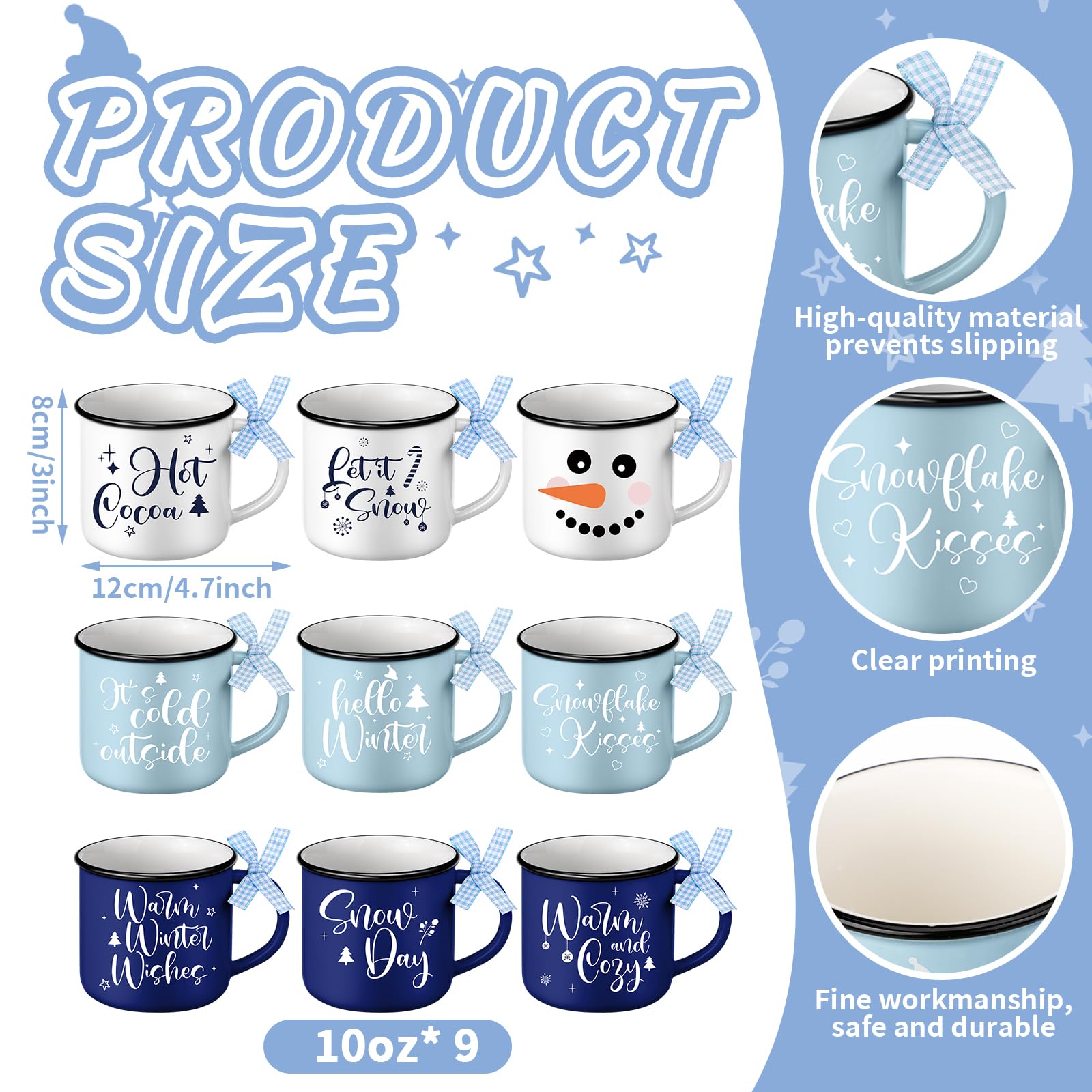 Taza Nitial con copos de nieve, diseño festivo para regalos.