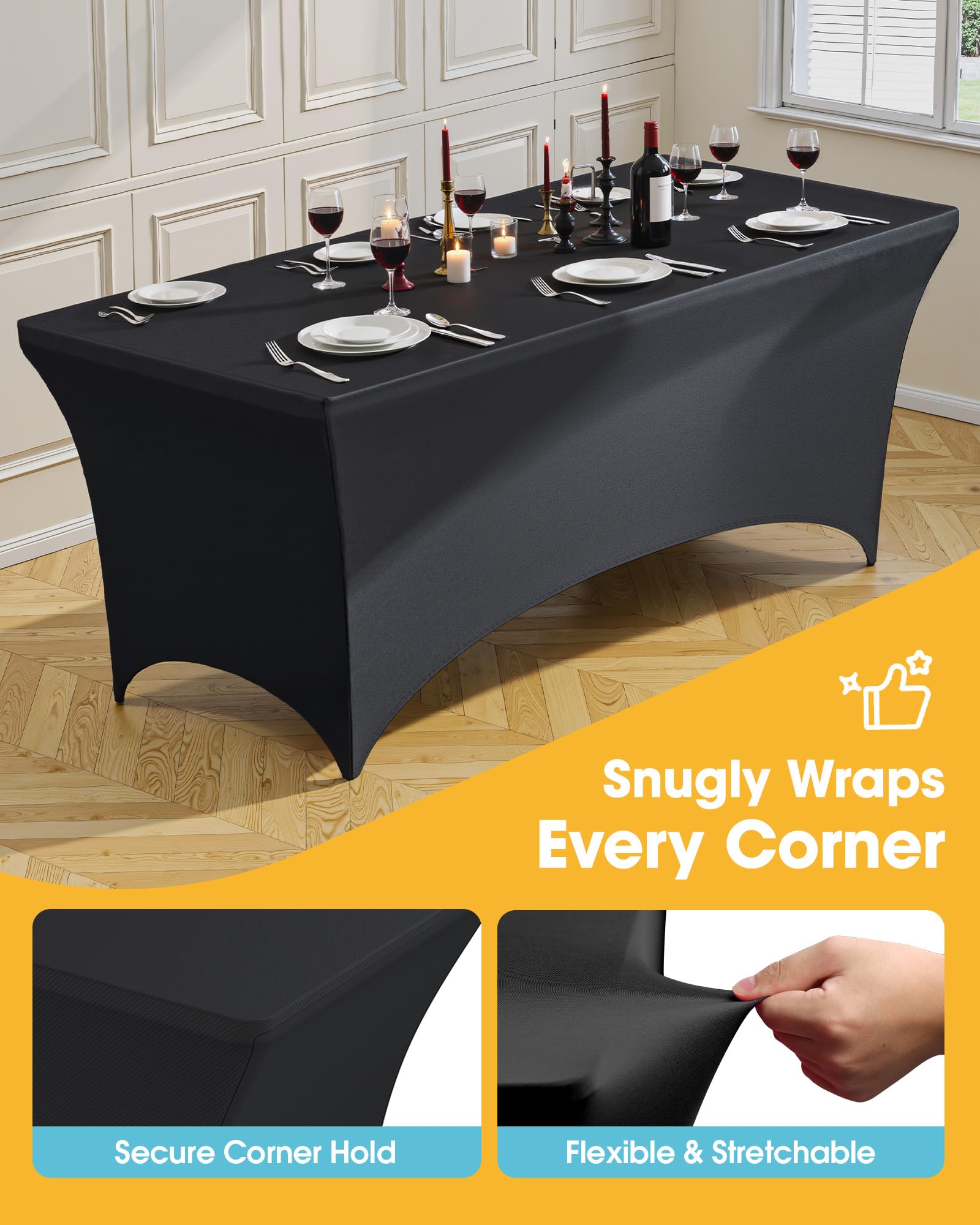 Mantel para mesa de seis pies con ajuste ceñido y bolsillos elásticos.