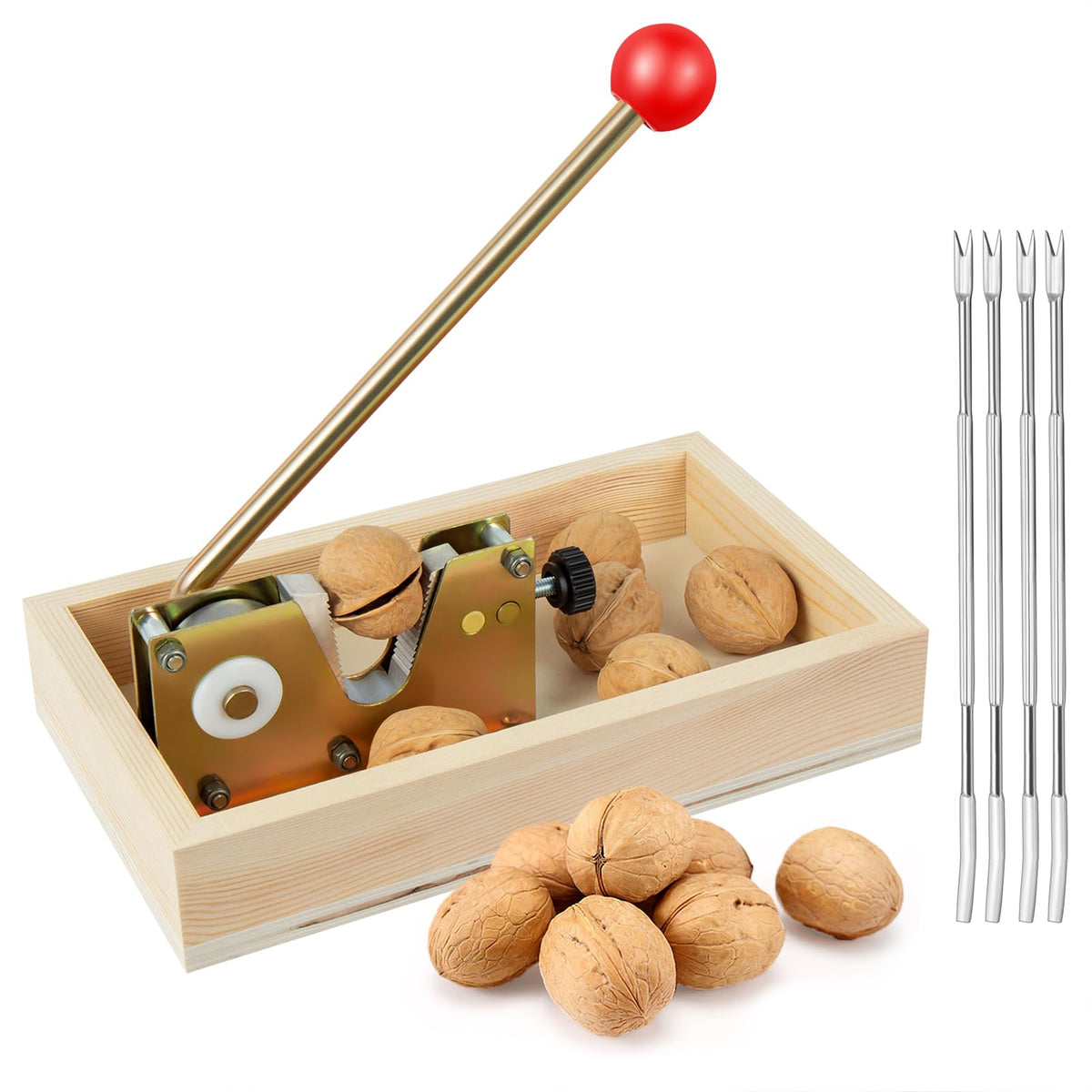 Nizodo abridor nueces con base de madera, uso estable y cómodo.