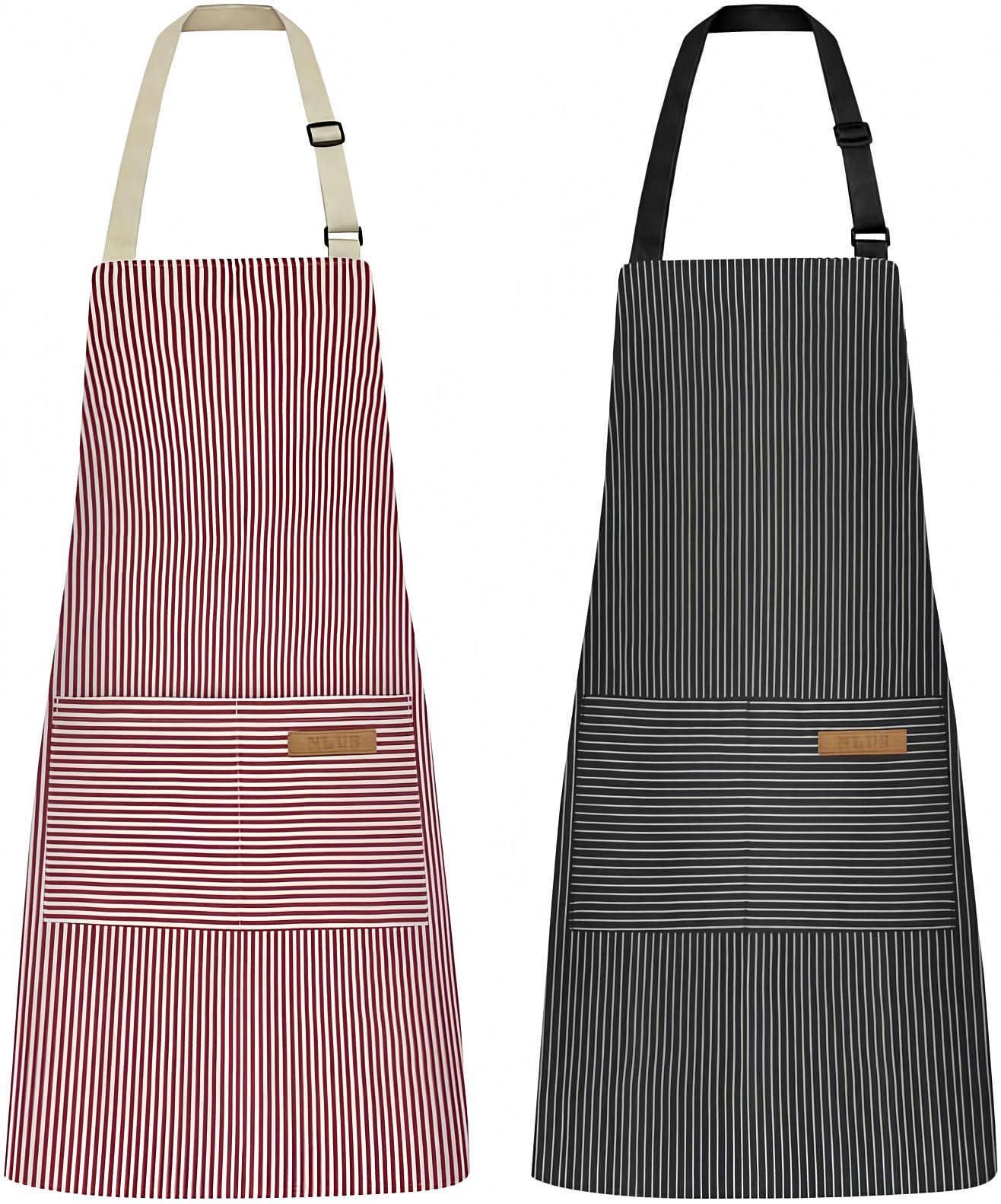 Delantal NLUS para cocina con bolsillos centrales en rayas negras, ideal para cocinar y asar.