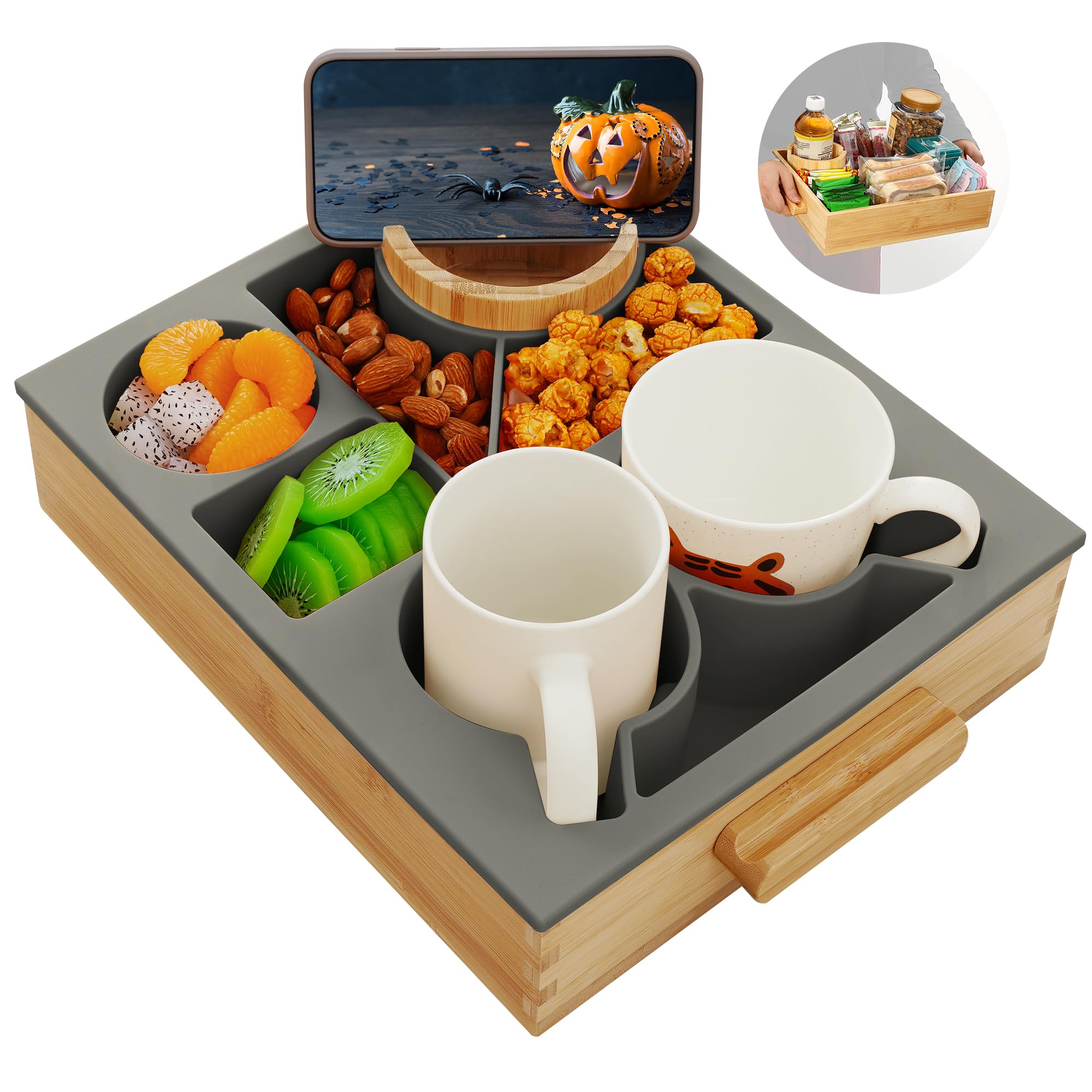 Bandeja Nnewvante para sofá con portavasos y control remoto, cómodo y práctico.