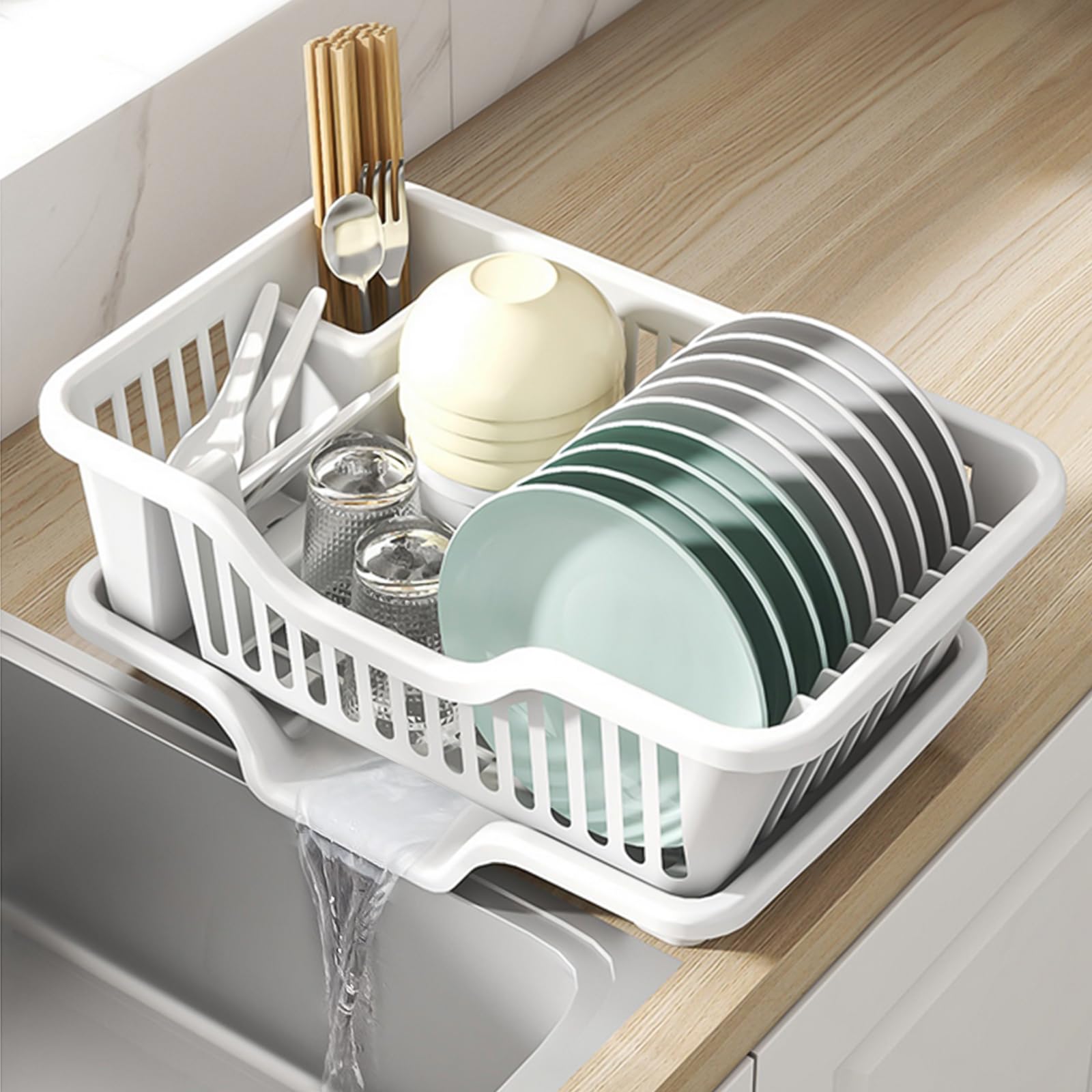 Noamus escurridor de platos de dos piezas compacto y práctico para uso diario.