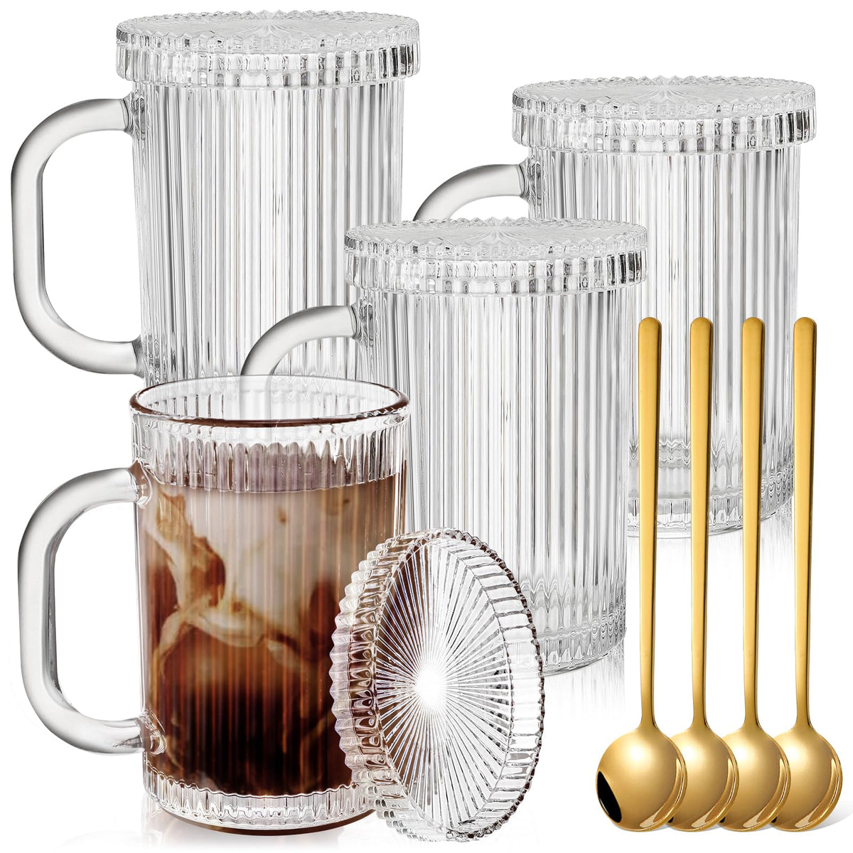 Noamus tazas de café de cristal 4-pack con tapas y cucharas, servicio elegante.