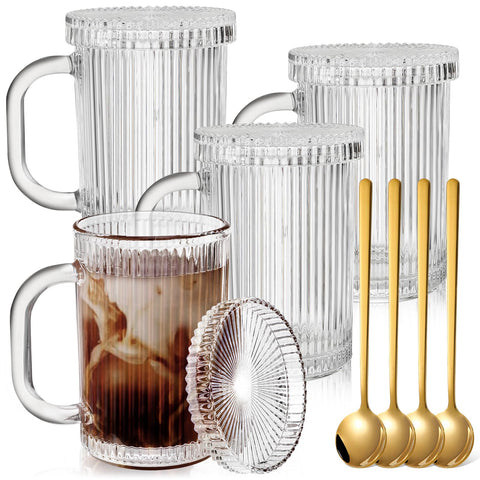 Noamus tazas de café de cristal 4-pack con tapas y cucharas, servicio elegante.