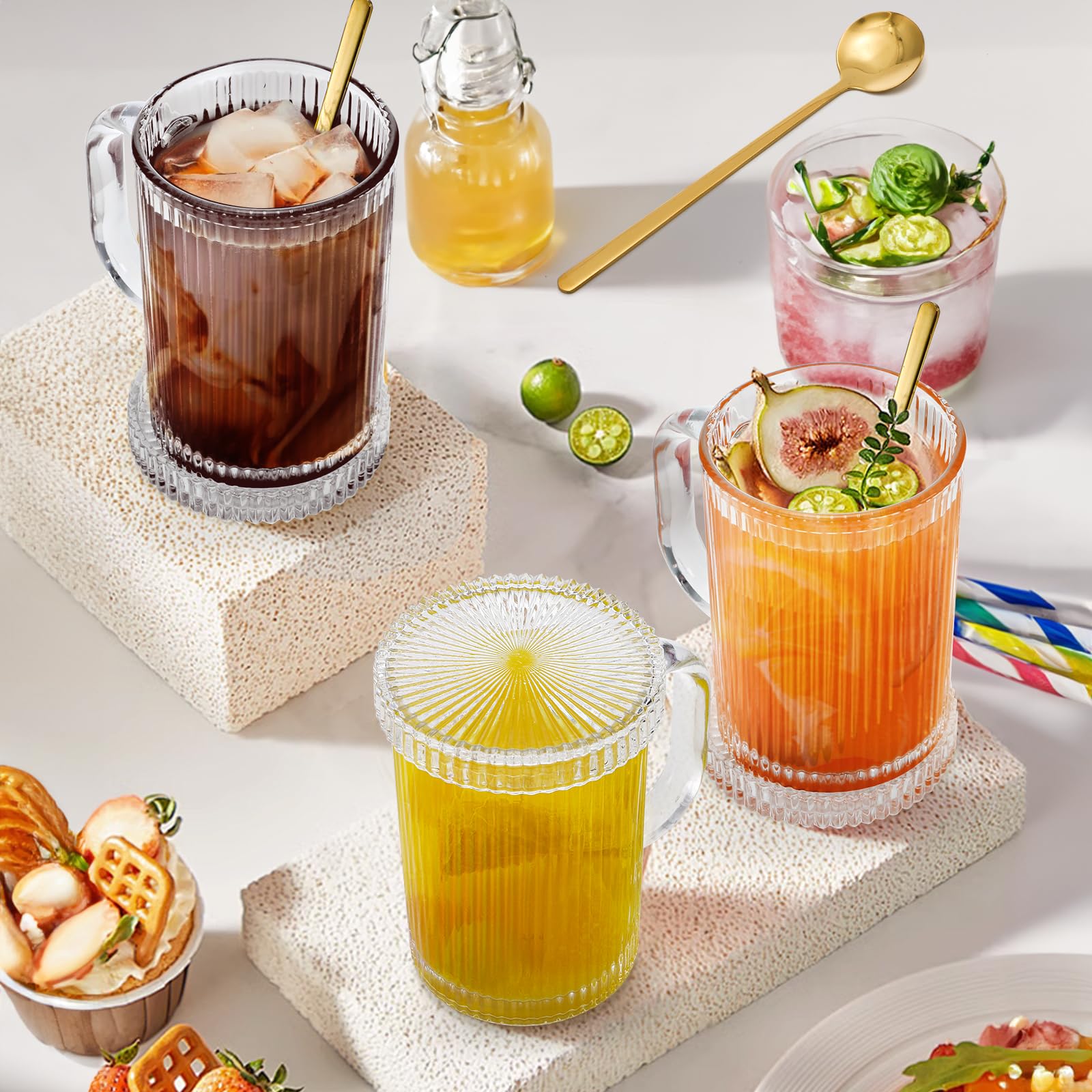 Noamus tazas cristal con manija ergonómica y tapas incluidas para fácil uso.