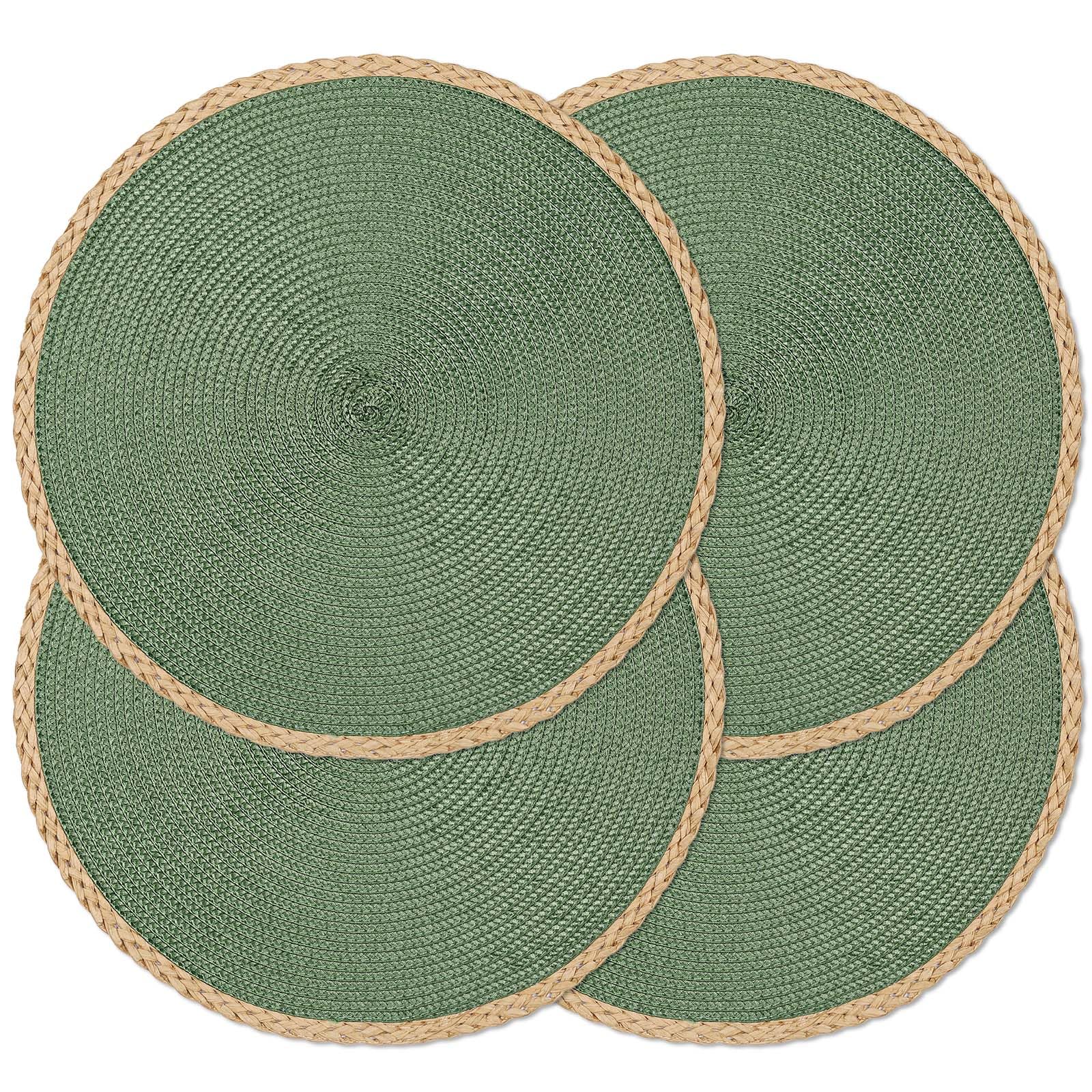 Noctiflorous manteles-individuales redondos con borde trenzado verde, protección elegante para la mesa.