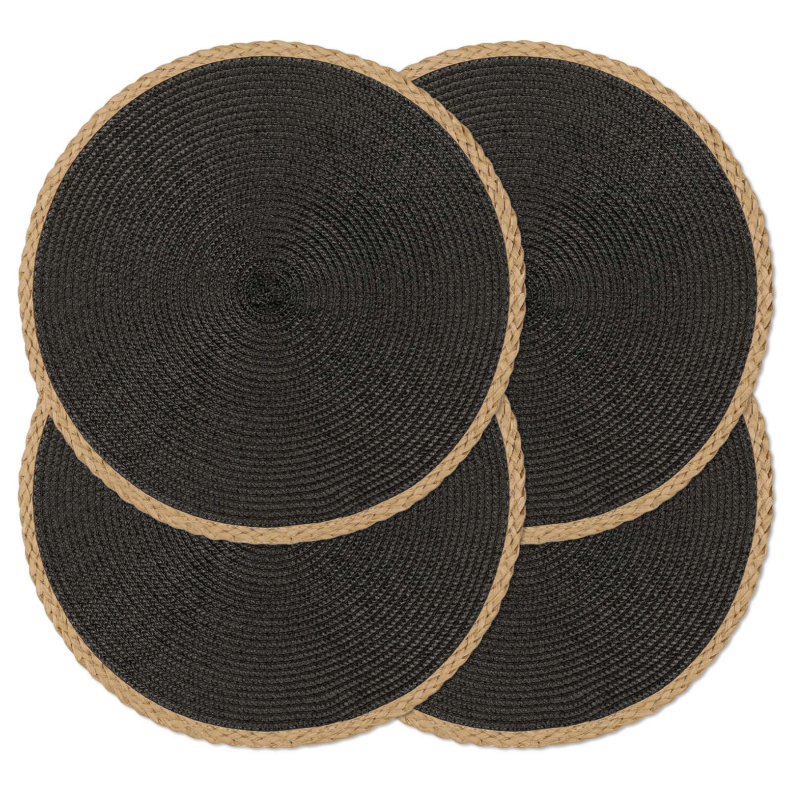 Mantel noctiflorous redondo negro con borde trenzado, ideal para mesa elegante