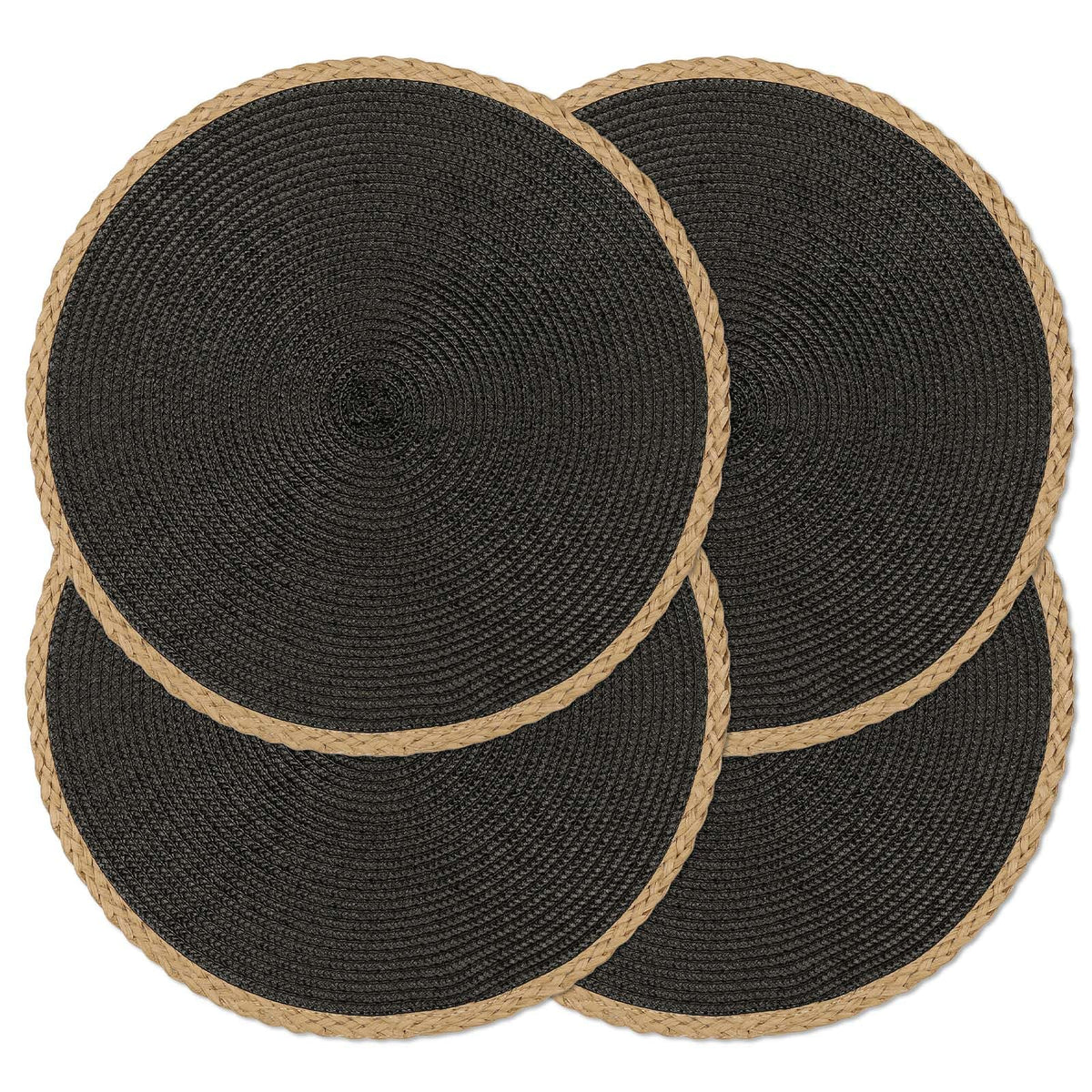 Mantel noctiflorous redondo negro con borde trenzado, ideal para mesa elegante