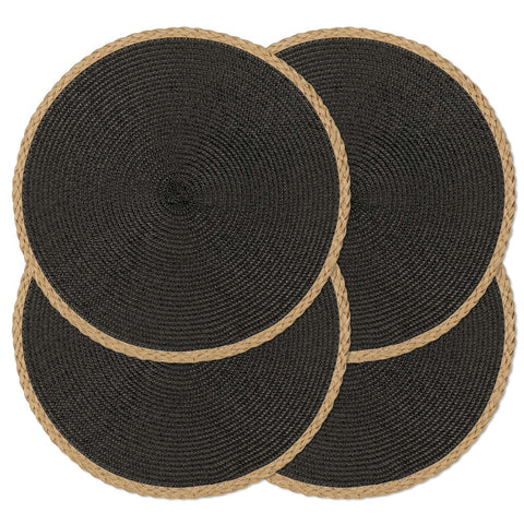 Mantel noctiflorous redondo negro con borde trenzado, ideal para mesa elegante