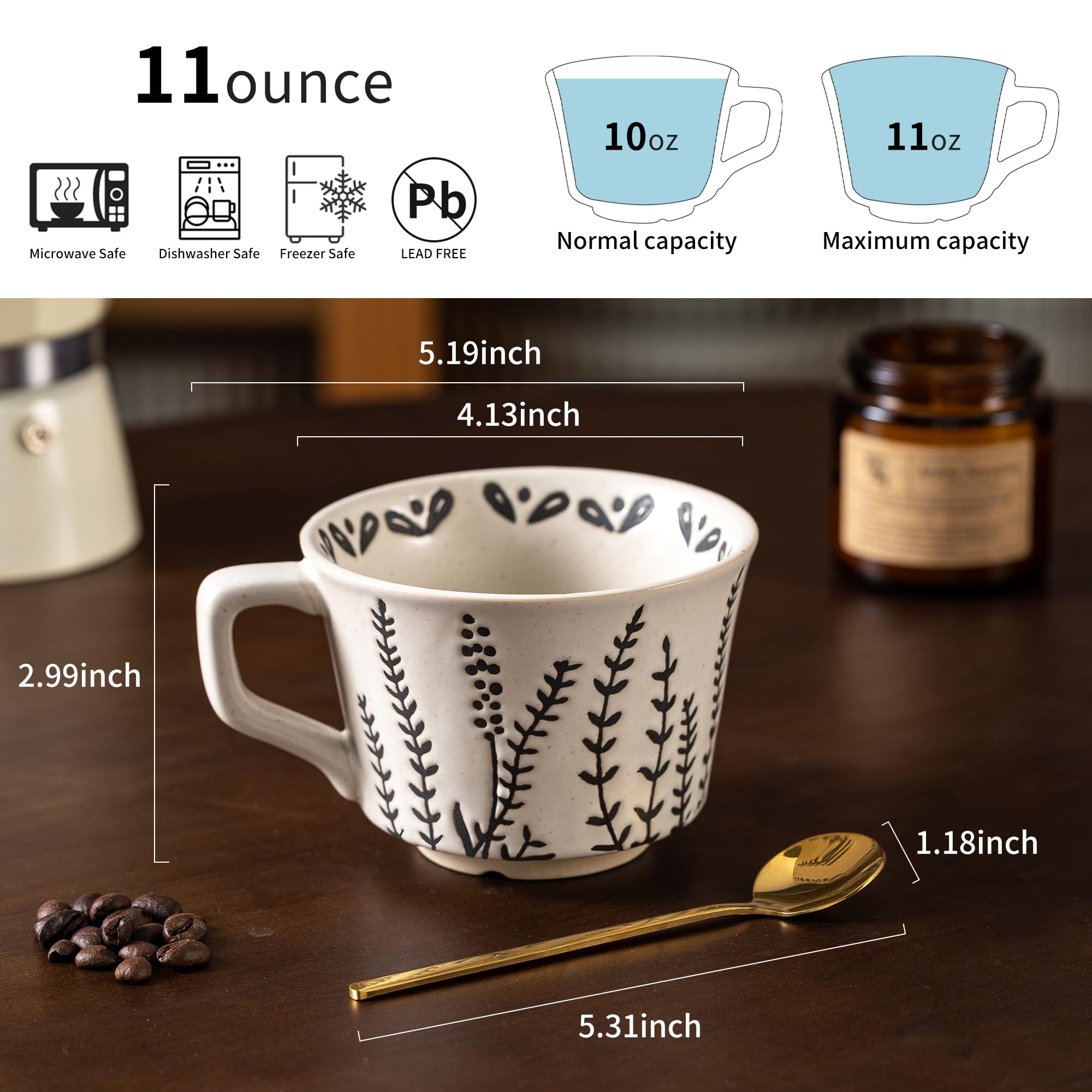 Conjunto Noevany de 4 tazas ceramicas con cuchara dorada para cada pieza.