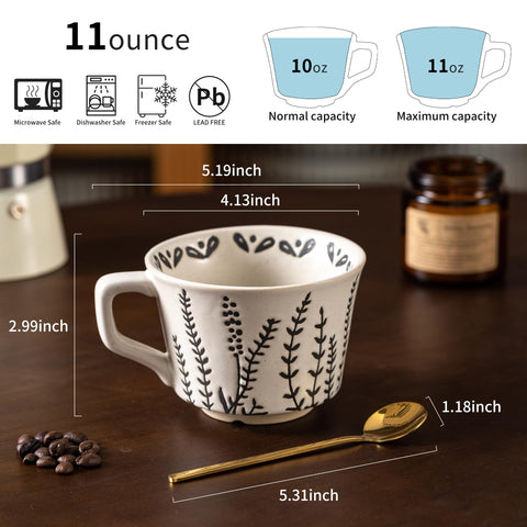 Conjunto Noevany de 4 tazas ceramicas con cuchara dorada para cada pieza.