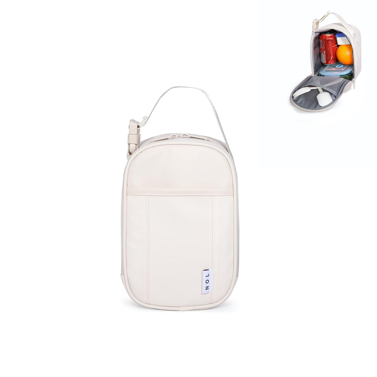 NOL bolsa almuerzo aislada crema, vista frontal, diseño compacto para uso diario