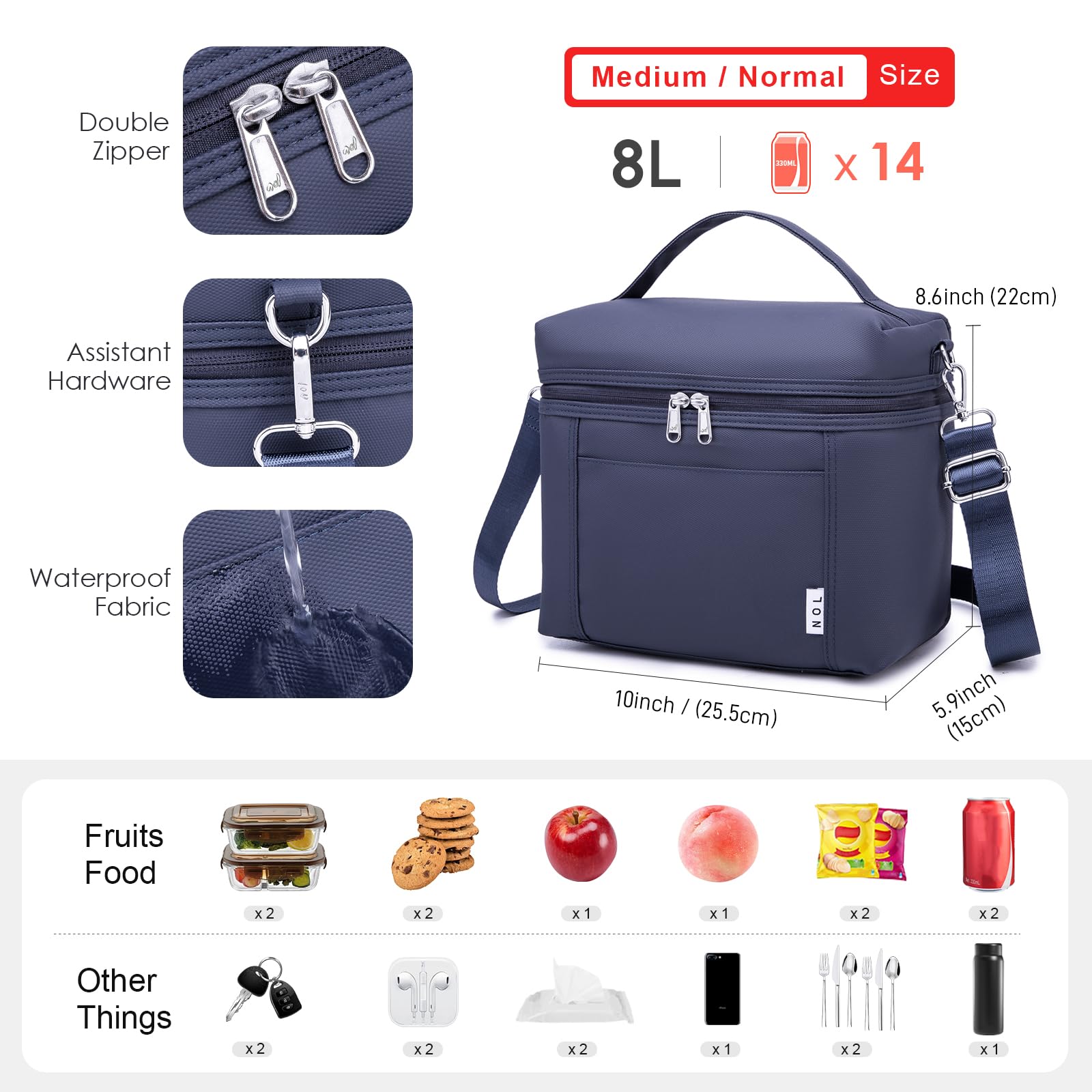 NOL bolsa de almuerzo navy, interior aislado mantiene la comida fresca