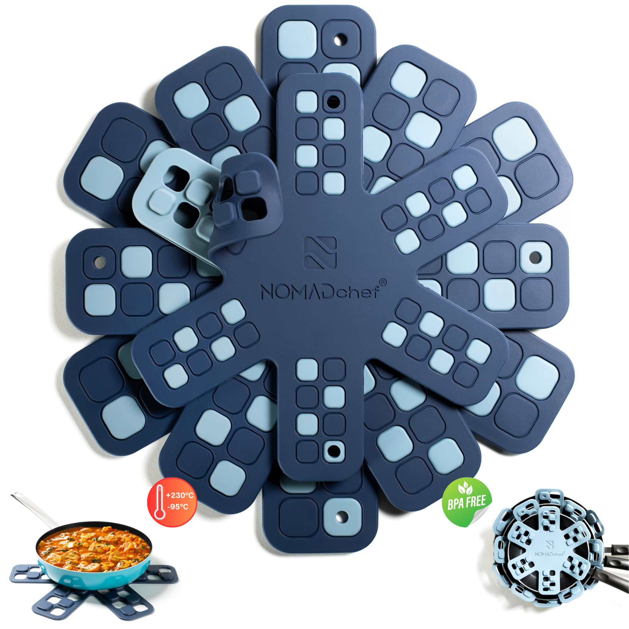 NOMADCHEF protectores silicona 2 en 1 para sartenes, protegiendo superficies y apilado seguro.