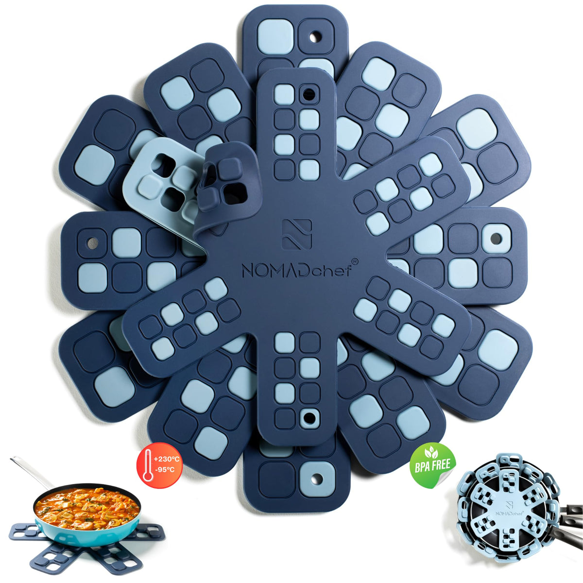 NOMADCHEF protectores silicona 2 en 1 para sartenes, protegiendo superficies y apilado seguro.