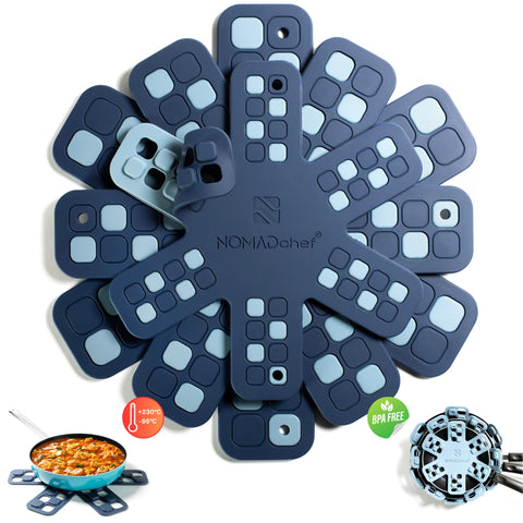 NOMADCHEF protectores silicona 2 en 1 para sartenes, protegiendo superficies y apilado seguro.