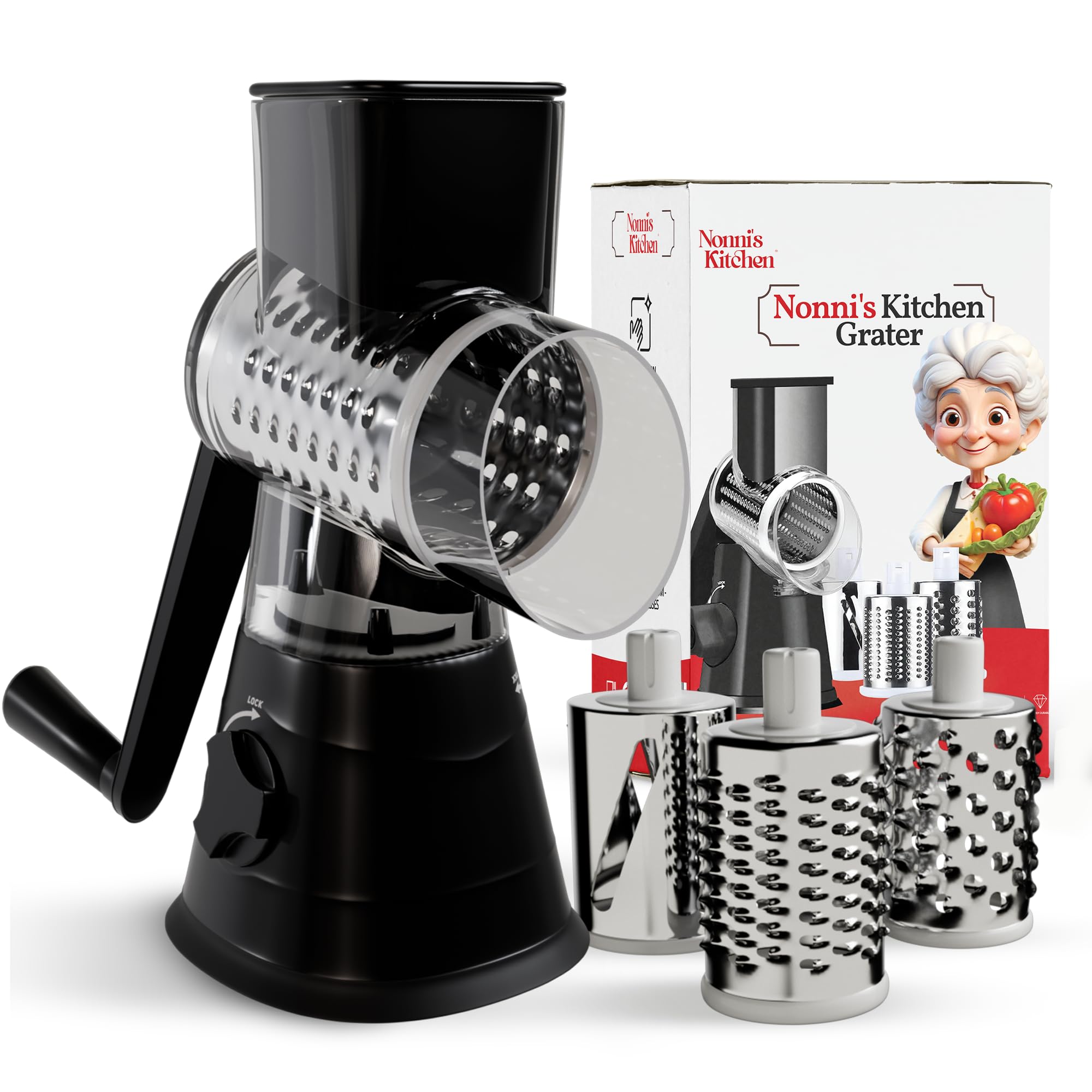 Nonni's Kitchen rallador rotativo con mango para manejo cómodo y seguro