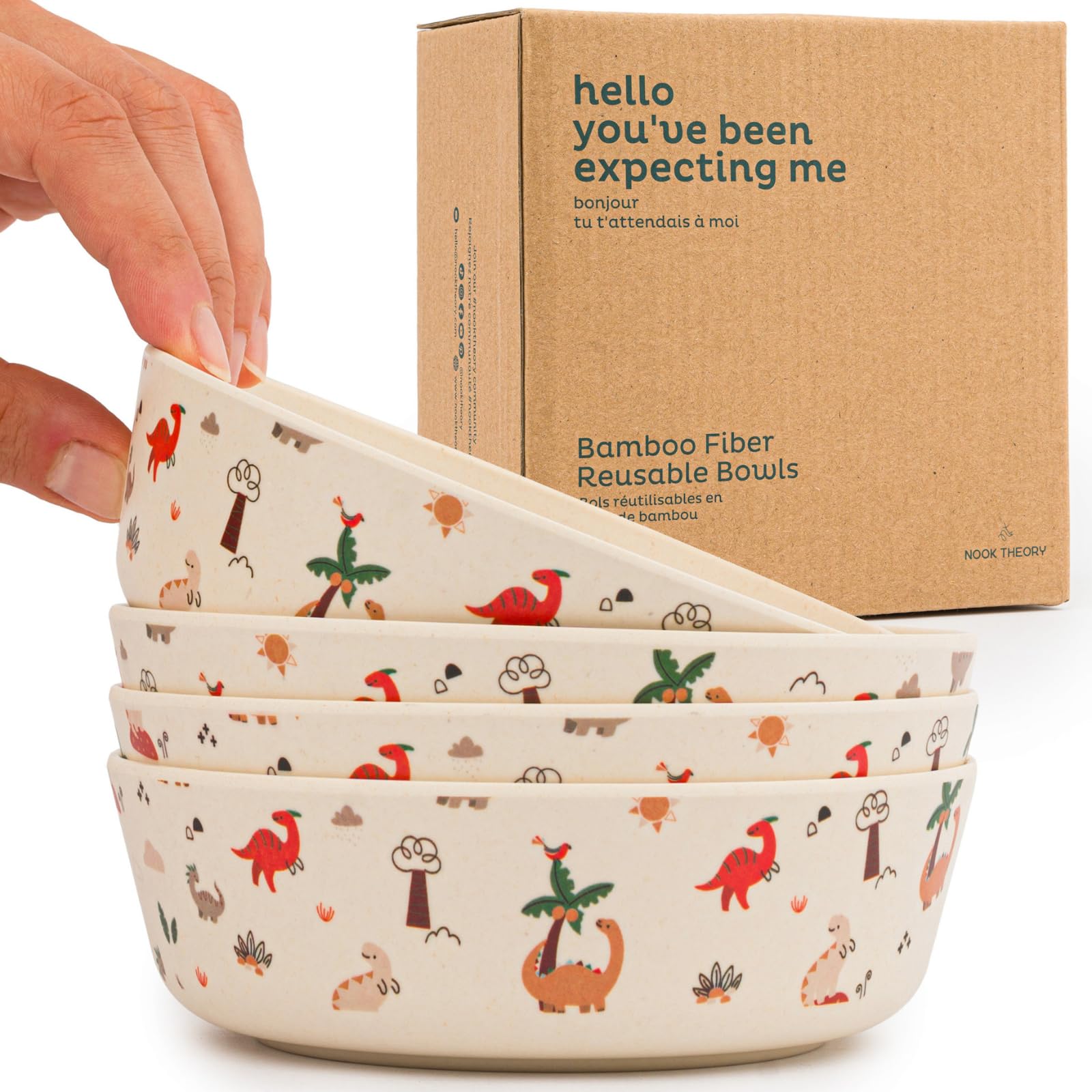 Nook Theory Dino 18oz frontal, boles de bambú seguros para niños.